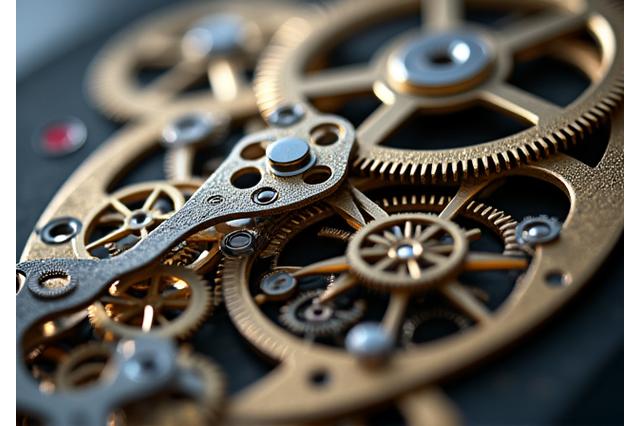 Horloge complexe et rouages symbolisant la précision et la stratégie